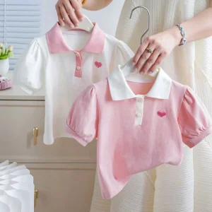 Girls Summer Short Sleeve T Shirts Cute Heart Print Bubble Sleeve Lapel Polo Tops