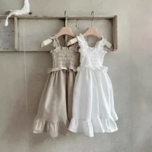 Girls’ Summer Sleeveless Princess Dress Casual Children’s Dress Solid Color Ruffle Gathered Strap Baby Girl’s Skirts