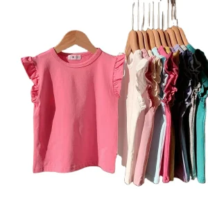 Girl’s Summer Sleeveless T Shirt Cotton Princess Doll Blouse Fashion Ruffled Sleeves Baby Toddler Top White Korean Style