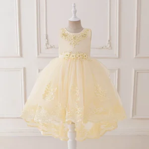 Girls Summer Solid Knee Length Sleeveless Tulle Ball Gown Dress with Beaded Lace Floral Decoration Formal Party Children’s