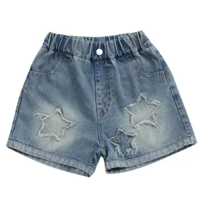 Girls Summer Straight Style Denim Shorts Stylish Casual Solid Washed Jeans Star Pattern Kids Pants