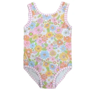 Girls Summer Swimwear Set Cute Pink Flowers One Piece Swimsuit With Short Sleeves Beach Shorts
