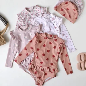 Girls Summer Swimwear Set One Piece Swimsuit Quick Dry Floral Print Kids Beach Bathing Suit 2-12Y