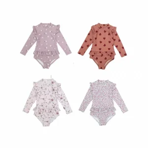 Girls’ Summer Swimwear Set UPF 50+ Long Sleeve Rash Guard Flora Print One-Piece Swimwear for Toddler Girls