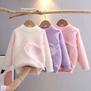 Girls Sweater Autumn Winter Simplicity Style Lace Heart Design Pullover Round Neck