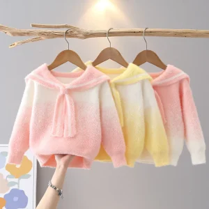 Girls Sweater Autumn Winter Thickened Warm Sweet Gradient Stylish Knit Mid Large Size Children’s Crew Neck