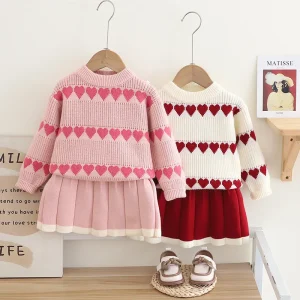 Girls’ Sweater Dress Western style Love Jacquard Knitted Two piece Set Autumn Winter Korean style Pullover Baby Girls