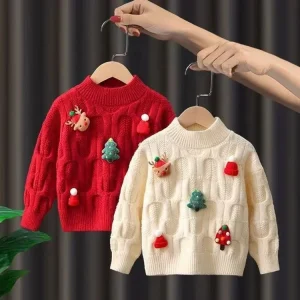 Girls’ Sweater Fall Winter Chic Children’s Winter Clothing Christmas Pattern Knitted Base Layer Sweater