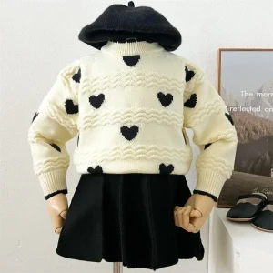 Girls’ Sweater Set Autumn and Winter Korean Style Baby Heart shaped Knitted Two piece Kids Set