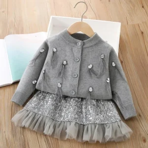 Girls Sweater Set of Foreign Knitwear Spring and Fall New Wool Cardigan Sequins Skirt Children’s Two Piece Set