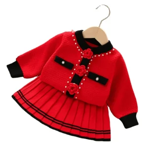 Girls’ Sweater Two Pieces Autumn and Winter Knit Button Closure Round Neck Fashion Children’s Clothing Set