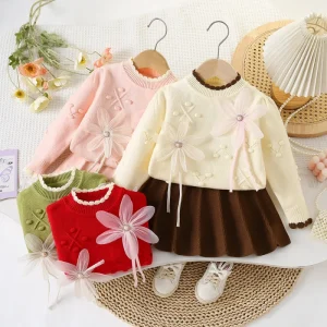 Girls’ Sweet Floral Solid Color Anti Pilling Sweater Set Knit Pullover Short Skirt Lace Cardigan for Autumn Winter
