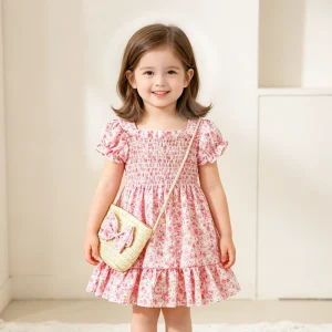 Girls Sweet Pink Dress Children’s Floral Summer Dress Little Girls Eco Friendly Material Mini Length Elegant Design Ruffles