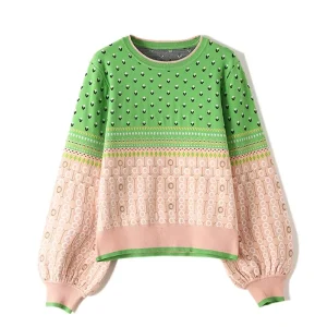 Girls Sweet Puff Sleeves Loose Color Block Knitted Pullover Sweater