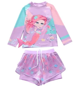 Girls Swimsuit 2 Piece Set Mermaid Kids Split Long Sleeve Swimming Beach Sunscreen Suit Girl Skirt