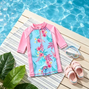 Girls Swimwear One Piece Swimming Suit Short Sleeves Sunsuit Baby Swimsuits