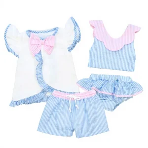 Girls Swimwear Set Pink Blue Striped Ruffle Bathing Suit Kids Beachwear Summer Toddler Swimsuit with Cover-up