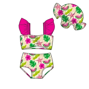 Girls Swimwear Watermelon Flower Print Ruffle High Waist Bikini with Sun Hat Pool Party OEM