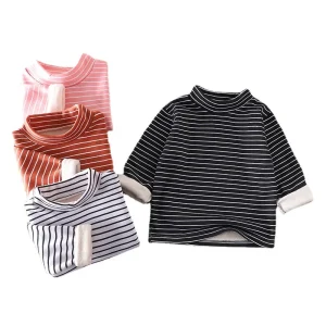 Girls T Shirts Polo Shirts Female Striped Single High Neck Bottoming Shirt Padded and Thickened Long Sleeved Children’s Tops