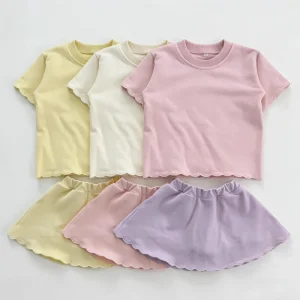Girls T Shirts and Skirts 2pcs Set Kids French Terry Scallop Tops Shorts Sleeve Cotton Outfit