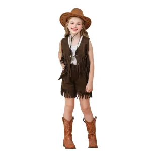 Girls Tassel Vest Shorts Set Brown Suede Fringe Cowgirl Costume Kids Western Ethnic Bohemian Hippie Performance Outfit