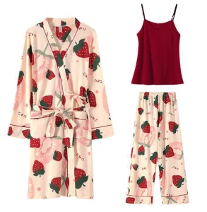 Girl’s Three Pieces Cotton Longsleeve Robe Sleepwear Set Sweat Nightwear for Women