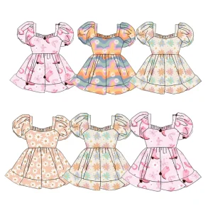 Girls Toddler Summer Flower Princess Dress Baby Kids Bamboo Soft Fabric Puff Sleeve Knee Length Clothing for Girls