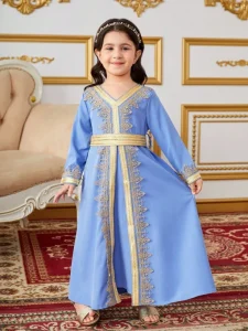 Girls’ Traditional Embroidered Abaya with Gold Lace Trim & Belt for Eid Wedding & Formal Occasions