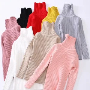Girls Turtle Neck Basic Bottom Rib Knitted Pullover Long Sleeve Knit Sweater for Kids