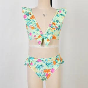 Girls Two Piece Bikini Children V Neck Swimwear Ruffles Bow Swimsuit Kids UV Protection Beachwear