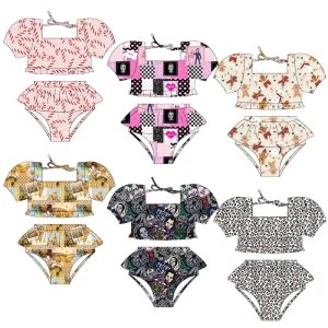 Girls Two-Piece Swimsuit Set Puff Sleeves Back Tie Skirted Shorts Kids Swimwear