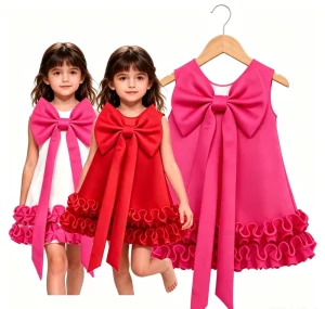Girls’ Wedding Dress Party Dress for Birthday Performance Elegant Heavy duty Dress with Bow Tie