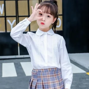 Girls’ White Cotton Long Sleeve Shirts Spring Autumn Primary School Uniforms White Blouses for Older Middle Sized Children