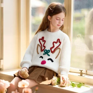 Girls’ White Knitted Sweater with Cute Reindeer Pattern Winter Kids’ Casual Crew Neck Pullover 100% Polyester