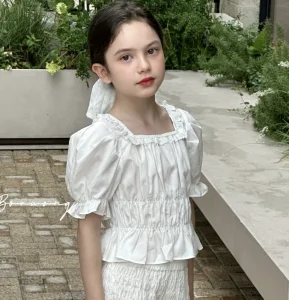 Girls White Puff Sleeve Peplum Top Square Collar Ruffle Boho Shirt Breathable Cotton Party Casual Blouse