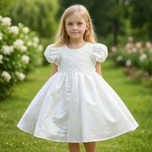 Girls White Satin Tulle Dress Puffed Sleeves Lace Bodice Wedding Flower Girl Party Dress