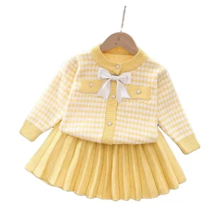 Girls’ Wind Sweater Cardigan Suit Knitted Round Jacket Skirt Spring Kids Clothing Set