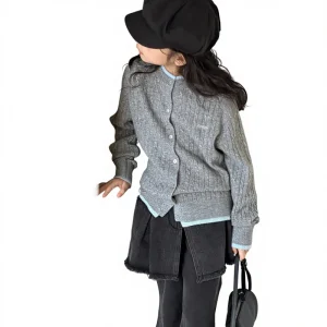 Girls Winter Korean Cotton Button Knitted Cardigan Coat Teenager Two-piece Sweater Big Boy Stylike Top