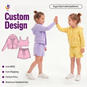 Girls Yoga Set 3 Piece Moisture Wicking Fabric Summer Solid Outfit Hoodie and Shorts Set for Sports Custom Size Fast Shipping
