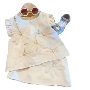 Girl’s dress 2 pieces set flower decoration elegant style white color dress elegant dress