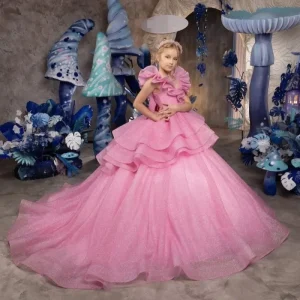 Glitter Pink Kids Ball Gown Ruffled Layered Princess Dress for Girls Floor length Trailing Skirt Puffy Tulle Children