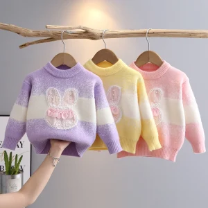 Gradient Color Round Ball Lace Rabbit Pattern Decoration Knit Sweater Girls Sweater