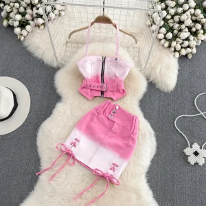 Gradient Denim Fashion Suit Female Halter Vest Two Piece High Waisted A Line Skirt S M L