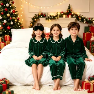 Green Velvet Christmas Two Piece Pyjamas Toddler Kids Boy Girl Pajamas Adult Man Woman Embroidery Pajama Nightie Children Xmspjs