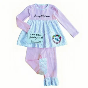 Hand Smocking Girls Casual Set Cotton Pink Dot French Knot Embroidery Long Sleeve Peplum Pants