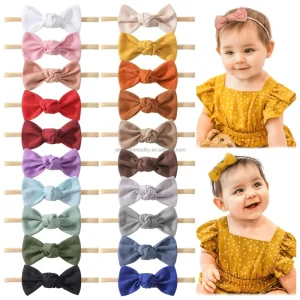 Handmade 3.5″ Baby Girls Linen Headbands Hair Bows Stretchy Nylon Hairbands for Newborn Infant Toddler Hair Accessories