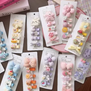 Handmade Custom Logo Fabric Flower Bow Hair Clip Set Cartoon Bear Plaid Duckbill Baby Girls Daily Wear Cute Korean Style