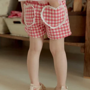Hearts Pockets Lace Red White Gingham Hot Shorts Summer Toddler Girls Cotton Shorts