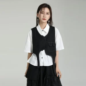 Heated Vest Dark Bright Line One Buckle Waistcoat Female Irregular Loose Women’s Vest