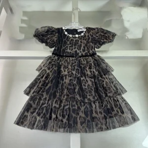 High End Girls Chiffon Dress with Rhinestone Mesh Cake Skirt Summer Puff Sleeves Leopard Print Layered Silhouette Ball Dress